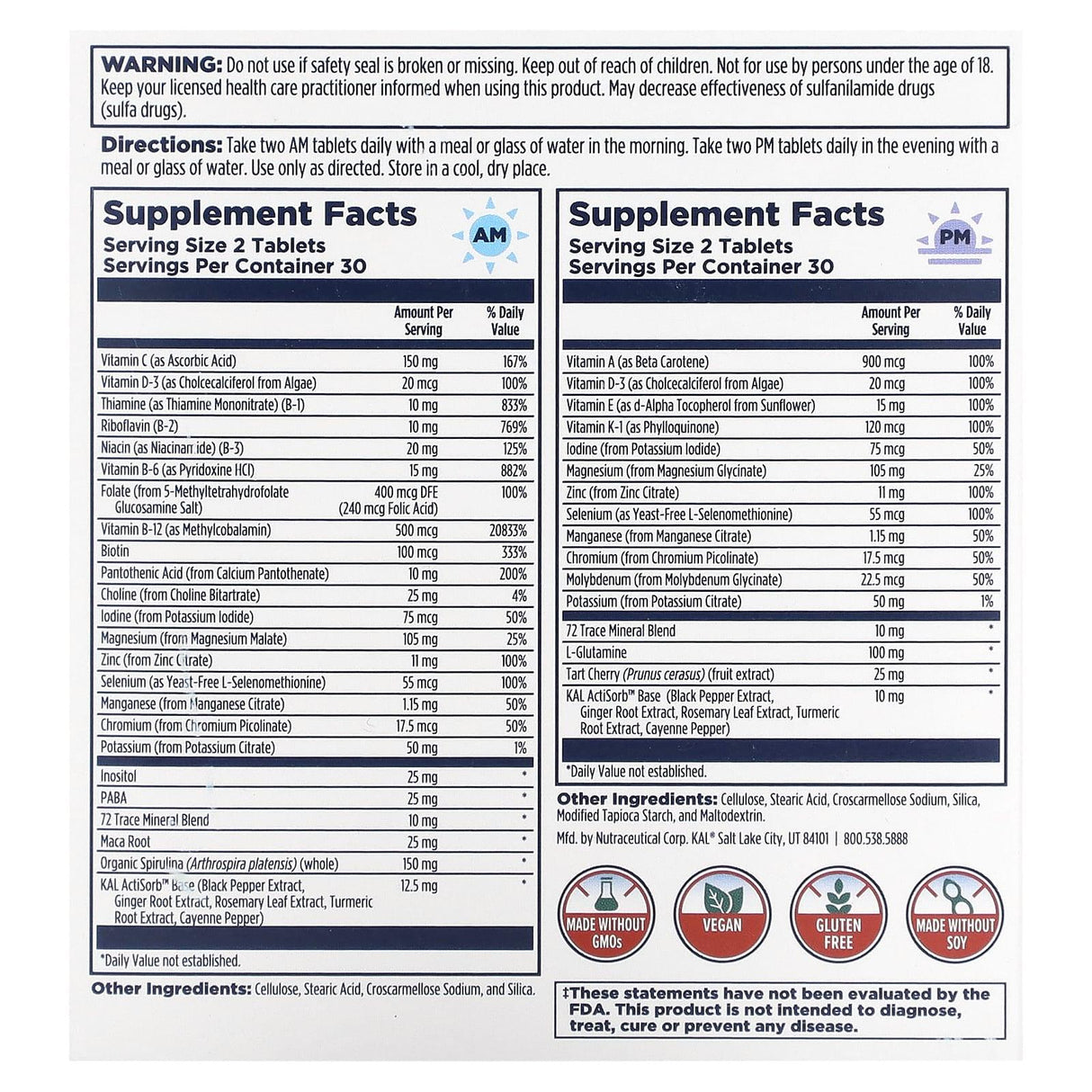 KAL, Men's Multivitamin, Morning & Evening, 2 Pack, 60 Tablets Each - Supply Center USA