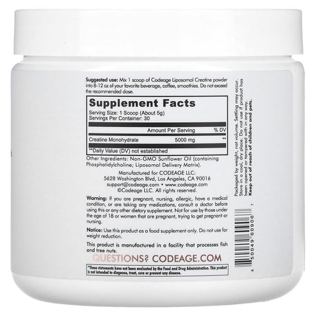 Codeage, Liposomal, Creatine Monohydrate Powder, Unflavored, 5.29 oz (150 g) - Supply Center USA