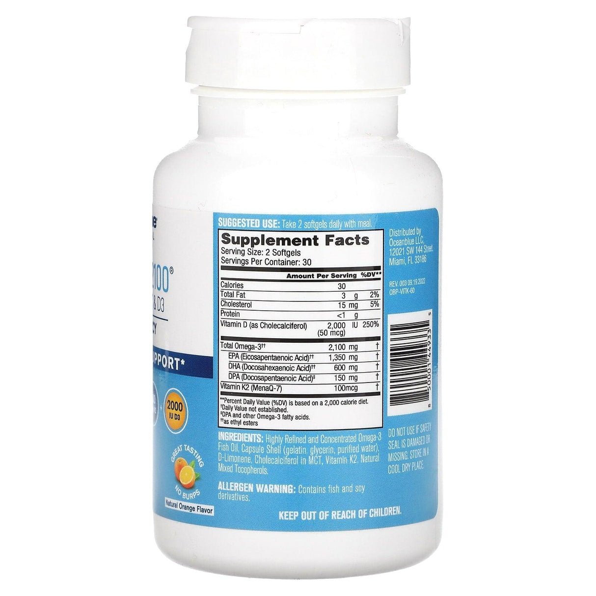 OceanBlue, Professional, Omega-3 2100 With Vitamin K2 & D3, High-Potency, Natural Orange, 60 Softgels - Supply Center USA