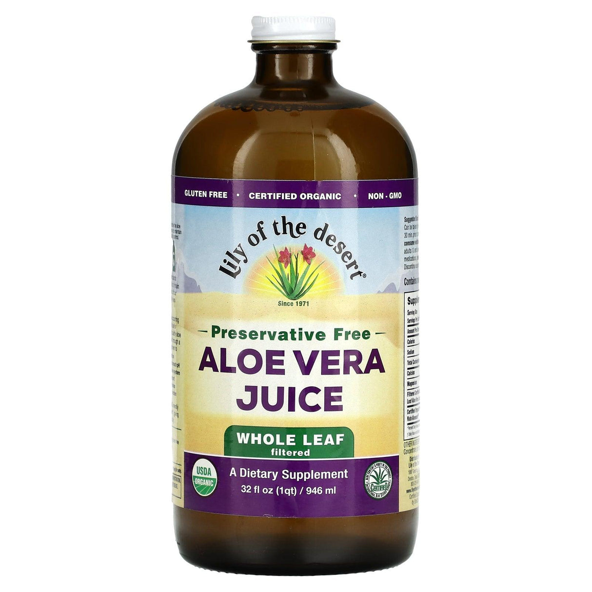 Lily of the Desert, Aloe Vera Juice, Whole Leaf Filtered, Preservative Free, 32 fl oz (946 ml) - Supply Center USA