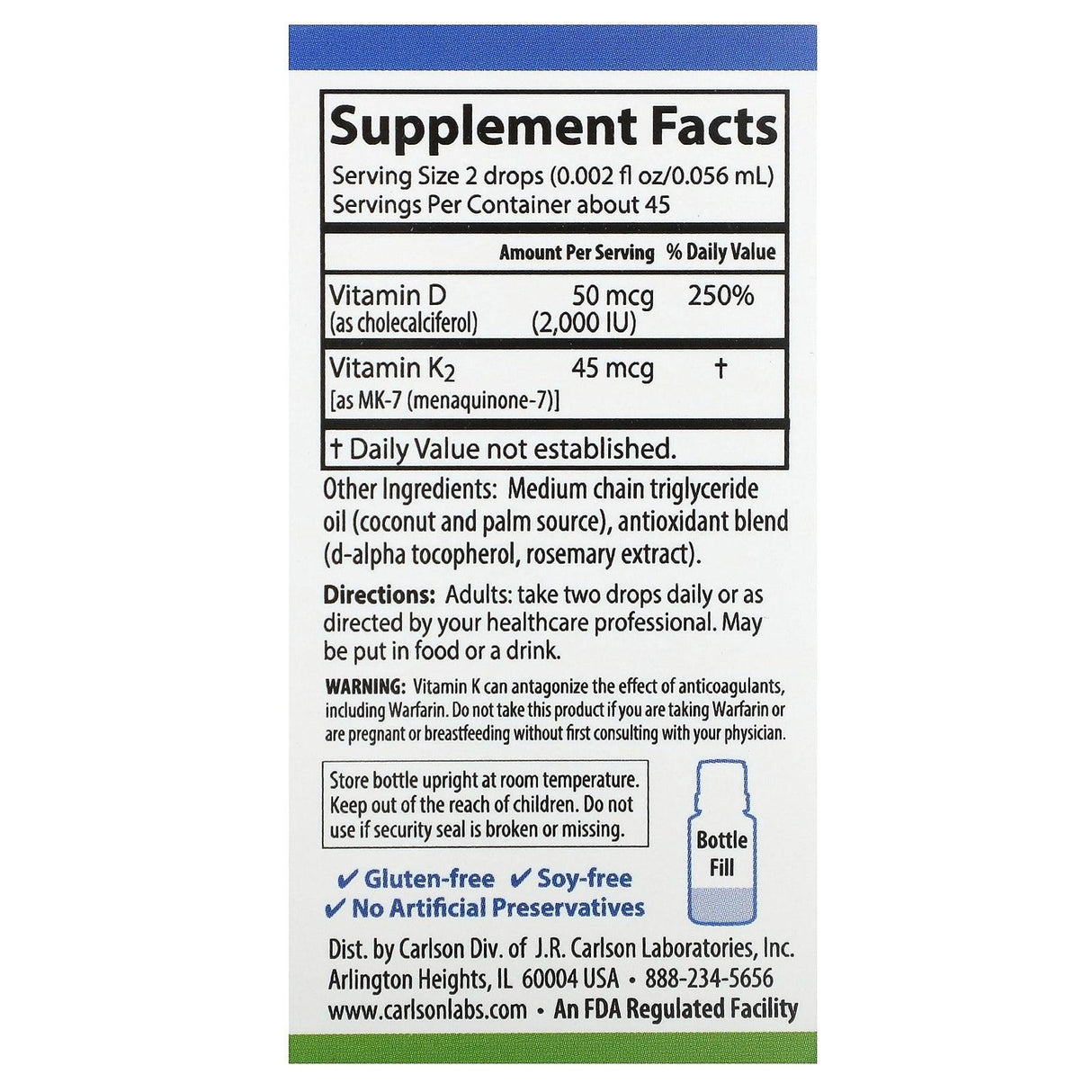 Carlson, Super Daily D3 + K2, 50 mcg (2,000 IU) & 45 mcg, 90 Vegetarian Drops, 0.086 fl oz (2.54 ml) - Supply Center USA