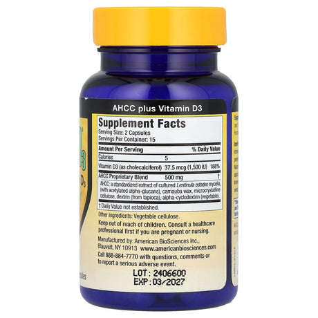 American Biosciences, ImmPower® D3, AHCC® Plus Vitamin D3, 30 Vegetarian Capsules - Supply Center USA