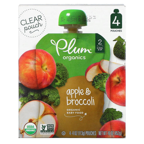 Plum Organics, Organic Baby Food, 6 Mons & Up, Apple & Broccoli, 4 Pouches, 4 oz (113 g) Each - Supply Center USA