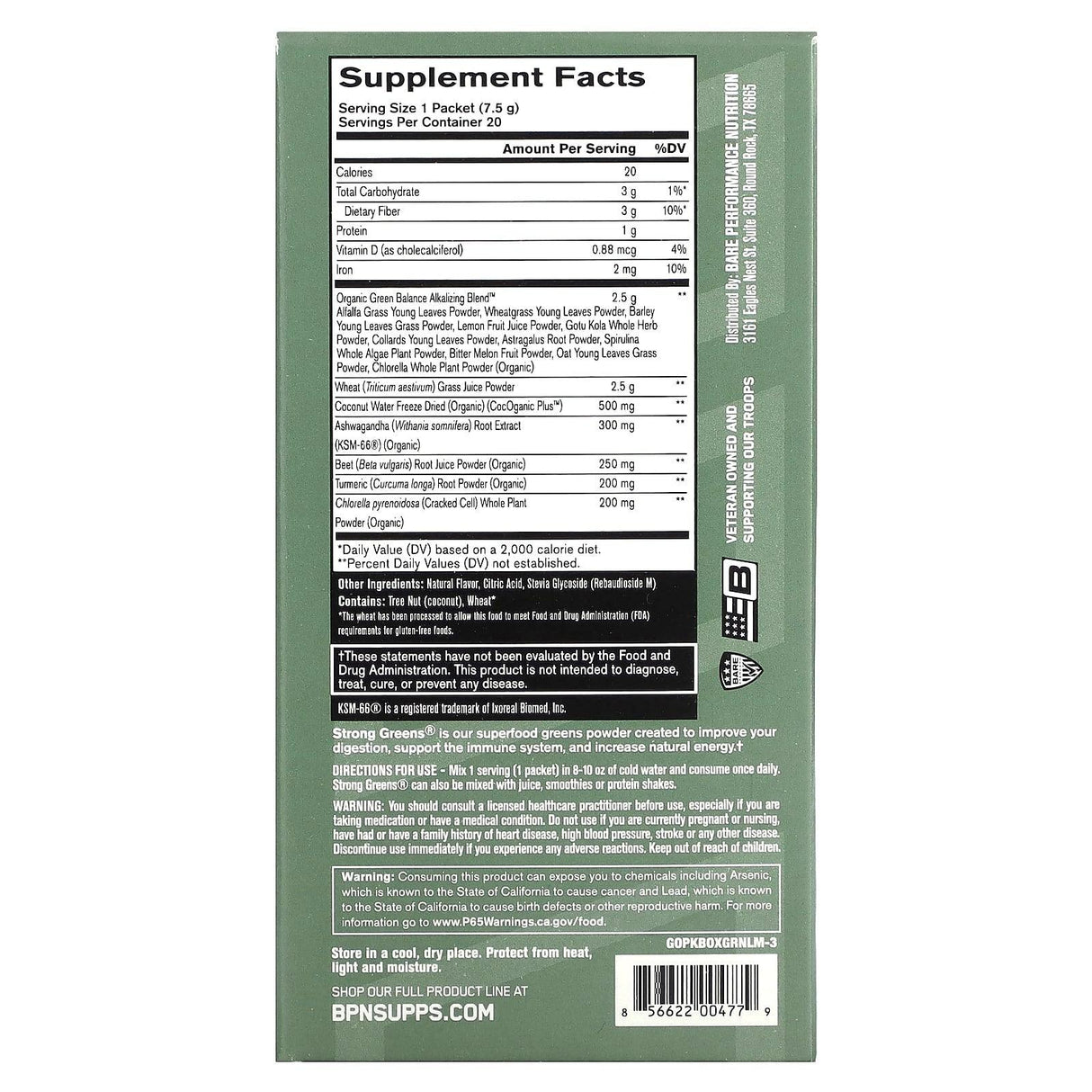 Bare Performance Nutrition, Strong Greens, Lemon, 20 packets, 0.26 oz (7.5 g) Each - Supply Center USA