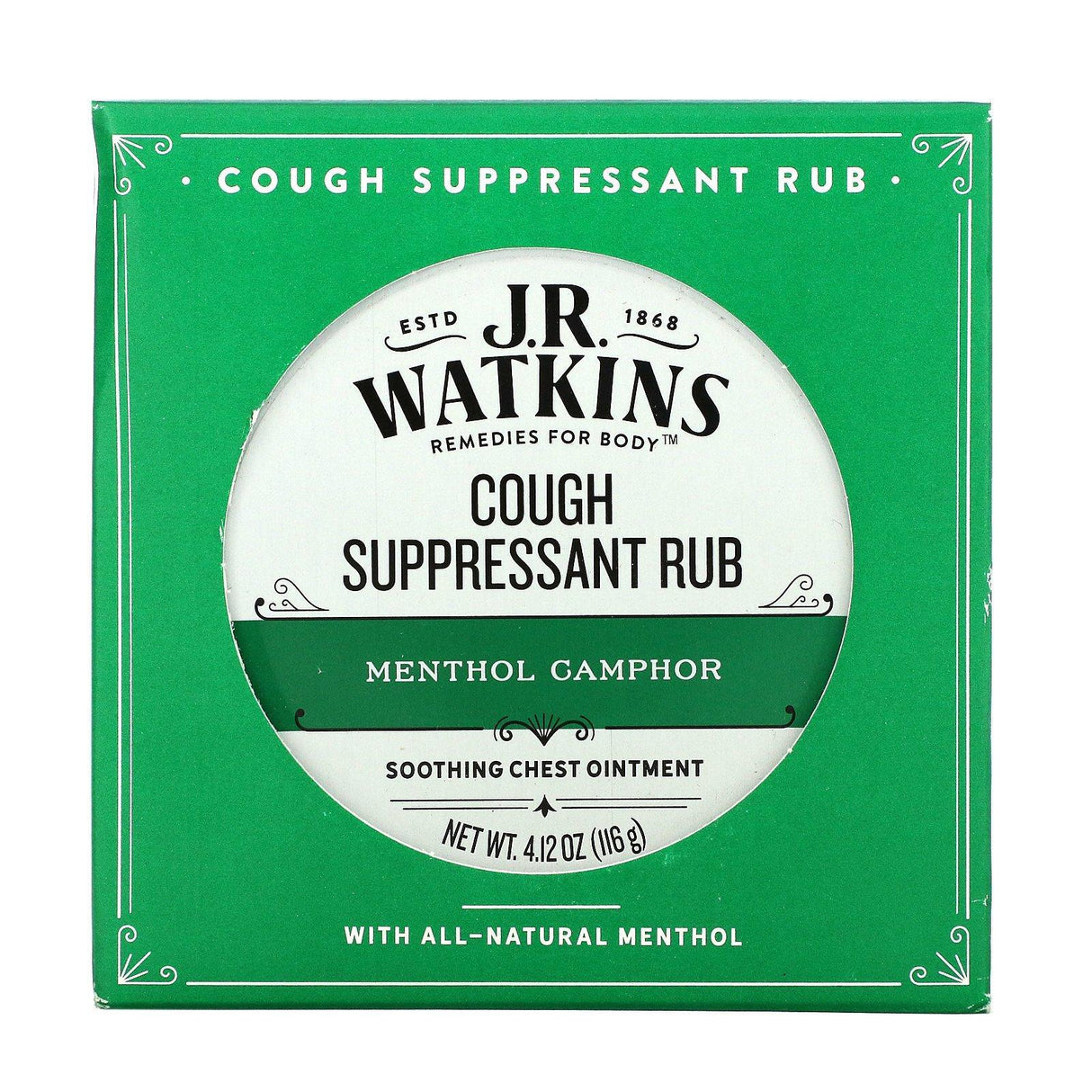 J R Watkins, Cough Suppressant Rub, Menthol Camphor, 4.12 oz (116 g) - Supply Center USA