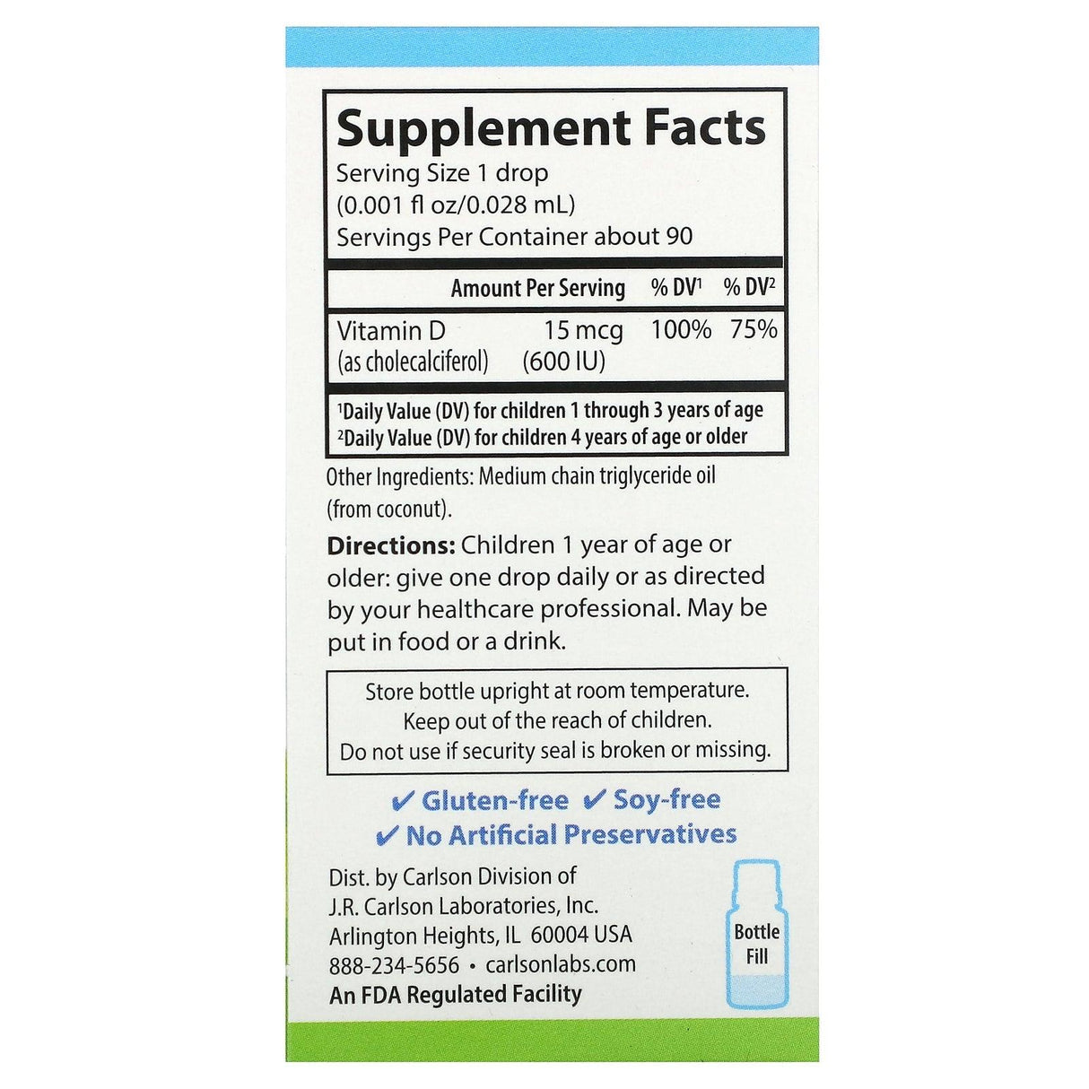 Carlson, Kid's Super Daily D3, 15 mcg (600 IU), 90 Vegetarian Drops, 0.086 fl oz (2.54 ml) - Supply Center USA