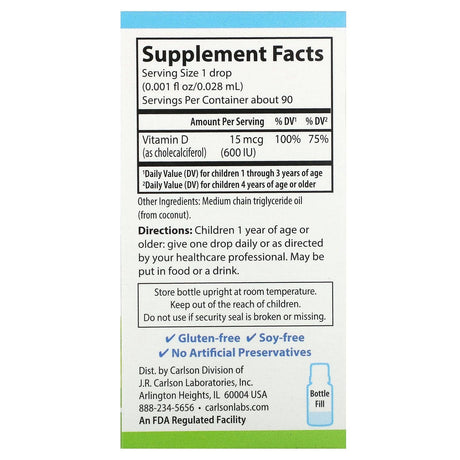 Carlson, Kid's Super Daily D3, 15 mcg (600 IU), 90 Vegetarian Drops, 0.086 fl oz (2.54 ml) - Supply Center USA