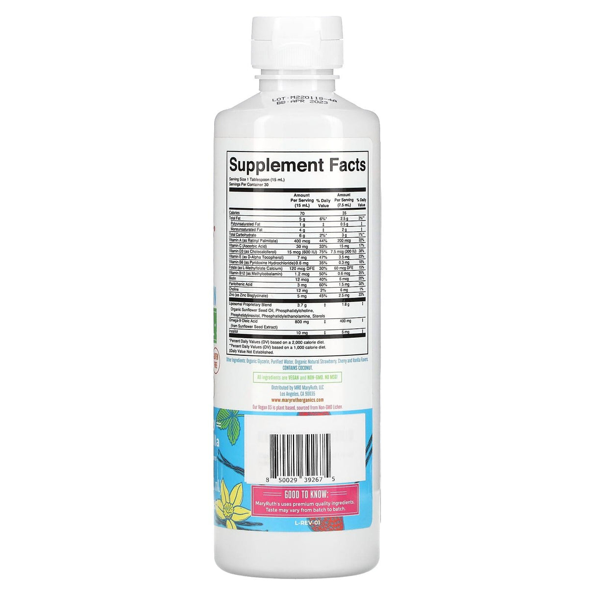 MaryRuth Organics, Kids Multivitamin Liposomal, Ages 4-13 Years, Strawberry Cherry Vanilla, 15.22 fl oz (450 ml) - Supply Center USA