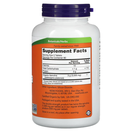 NOW Foods, Certified Organic Spirulina, Double Strength, 1,000 mg, 120 Tablets - Supply Center USA