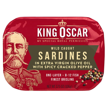 King Oscar, Wild Caught, Sardines In Extra Virgin Olive Oil, With Spicy Cracked Pepper, One Layer, 3.75 oz (106 g) - Supply Center USA