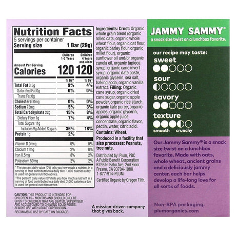 Plum Organics, Jammy Sammy, Snack Size Sandwich Bar, 15 Months and Up, Apple, Kale + Oatmeal, 5 Bars, 1.02 oz (29 g) Each - Supply Center USA