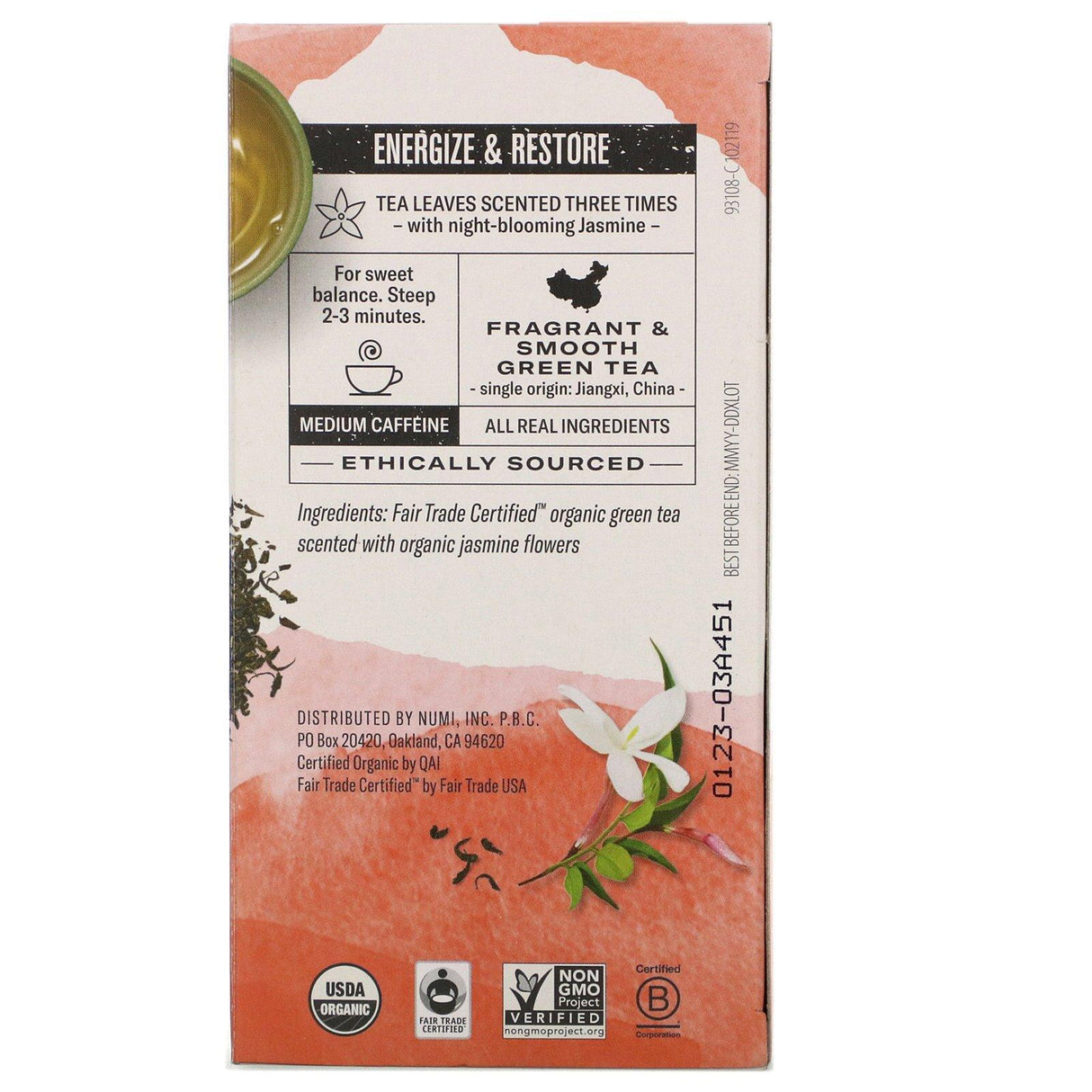 Numi Tea, Organic Green Tea, Jasmine Green, 18 Tea Bags, 1.27 oz (36 g) - Supply Center USA