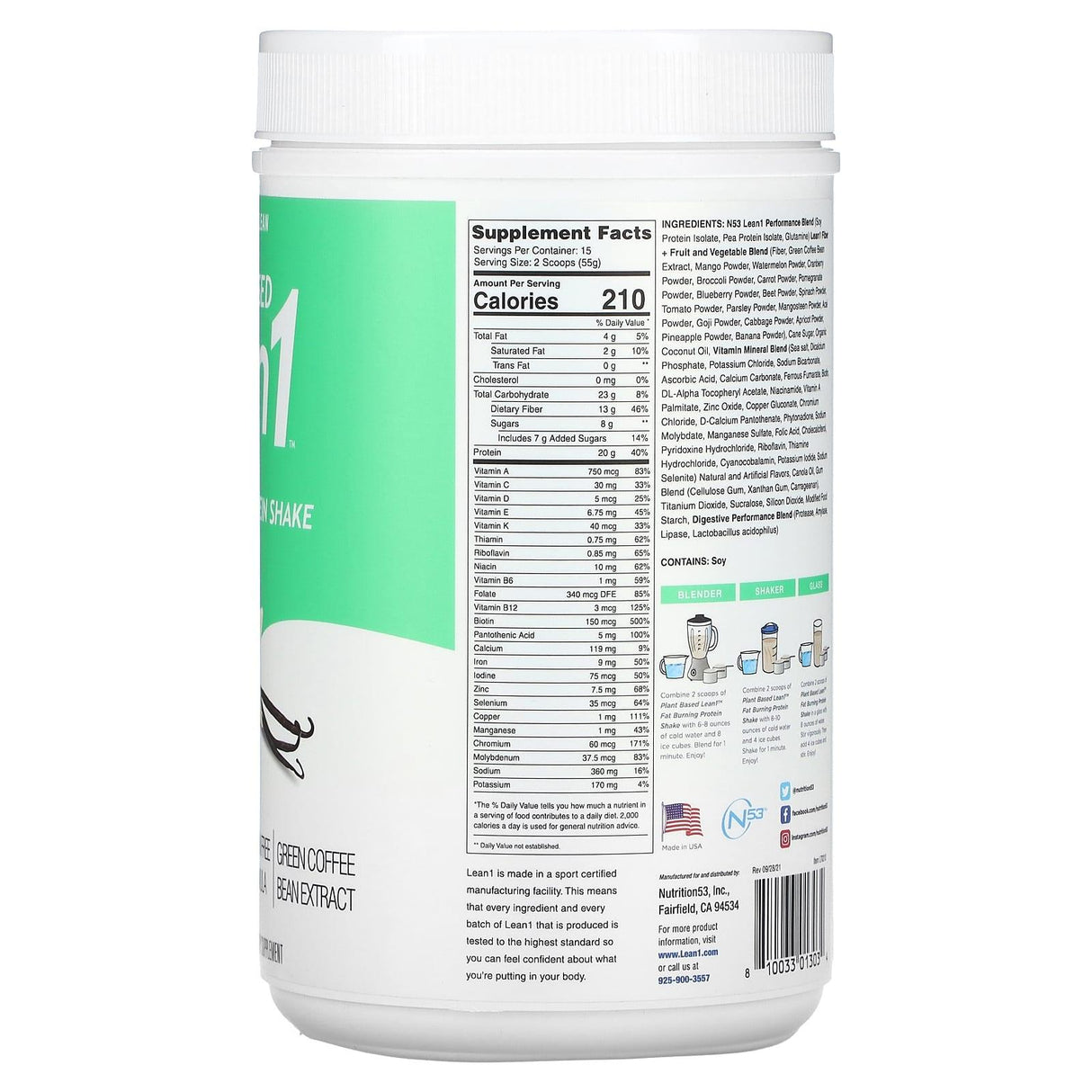 Lean1, Plant Based Fat Burning Protein Shake, Vanilla, 1.82 lbs (825 g) - Supply Center USA