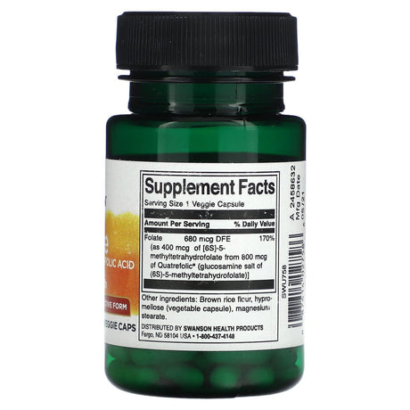 Swanson, Folate 5-Methyltetrahydrofolic Acid , 400 mcg , 30 Veggie Caps - Supply Center USA