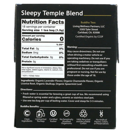 Buddha Teas, Organic Herbal Tea, Sleepy Temple Blend, 18 Tea Bags, 0.95 oz (27 g) - Supply Center USA