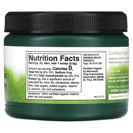 Swanson, Certified Organic Matcha Green Tea, 1.76 oz (50 g) - Supply Center USA