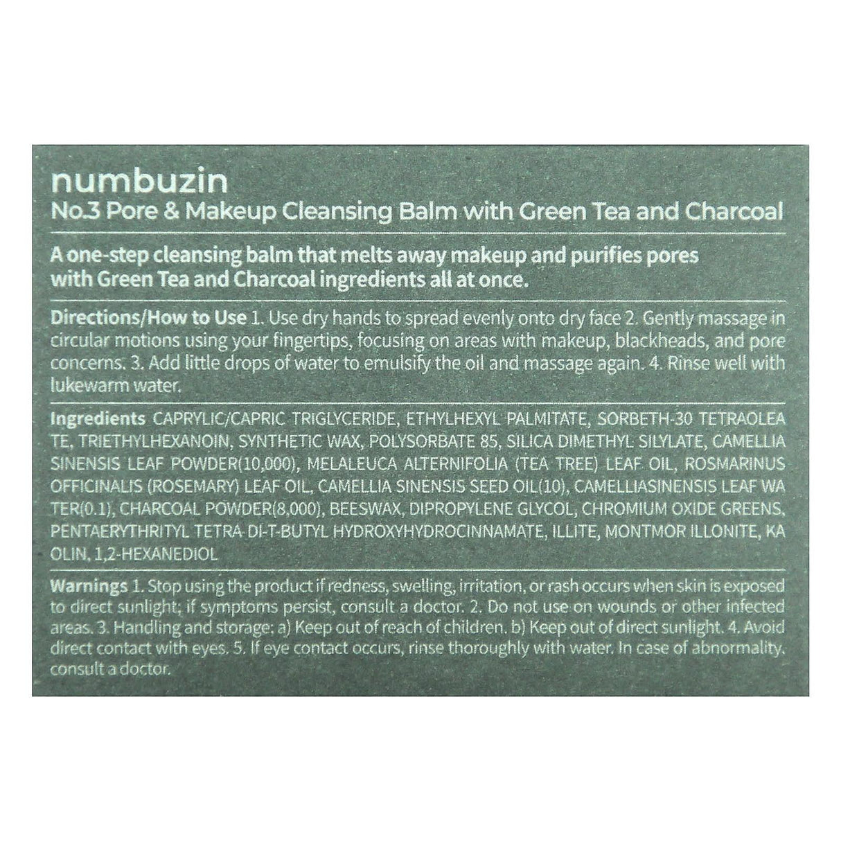 Numbuzin, No.3 Pore & Makeup Cleansing Balm With Green Tea and Charcoal, 2.99 oz (85 g) - Supply Center USA