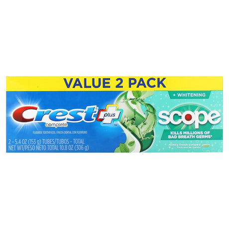 Crest, Complete Plus Scope, Whitening Toothpaste, Minty Fresh Striped, 2 Pack, 5.4 oz (153 g) Each - Supply Center USA