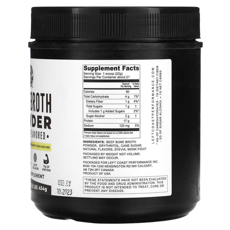 Left Coast Performance, Bone Broth Powder, Vanilla, 1 lb (454 g) - Supply Center USA