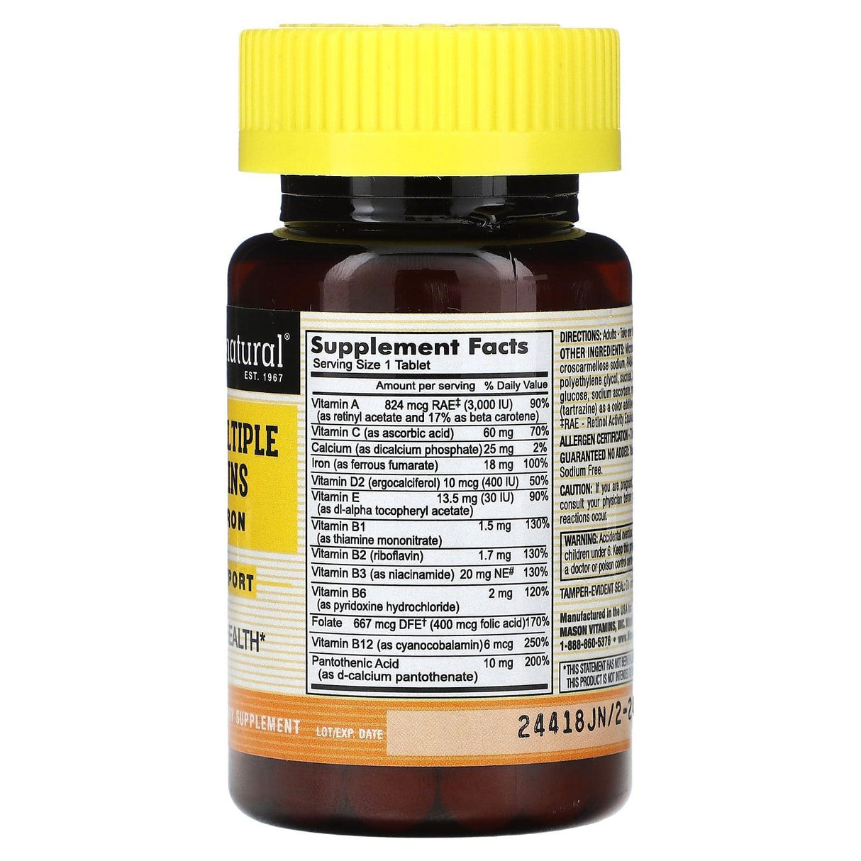 Mason Natural, Daily Multiple Vitamins With Iron, 100 Tablets - Supply Center USA