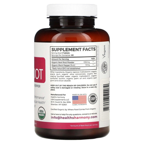 Healths Harmony, Organic Beet Root, 675 mg, 120 Tablets - Supply Center USA