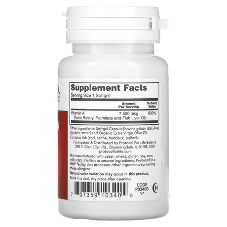 Protocol for Life Balance, Vitamin A, 7,500 mcg (25,000 IU), 100 Softgels - Supply Center USA