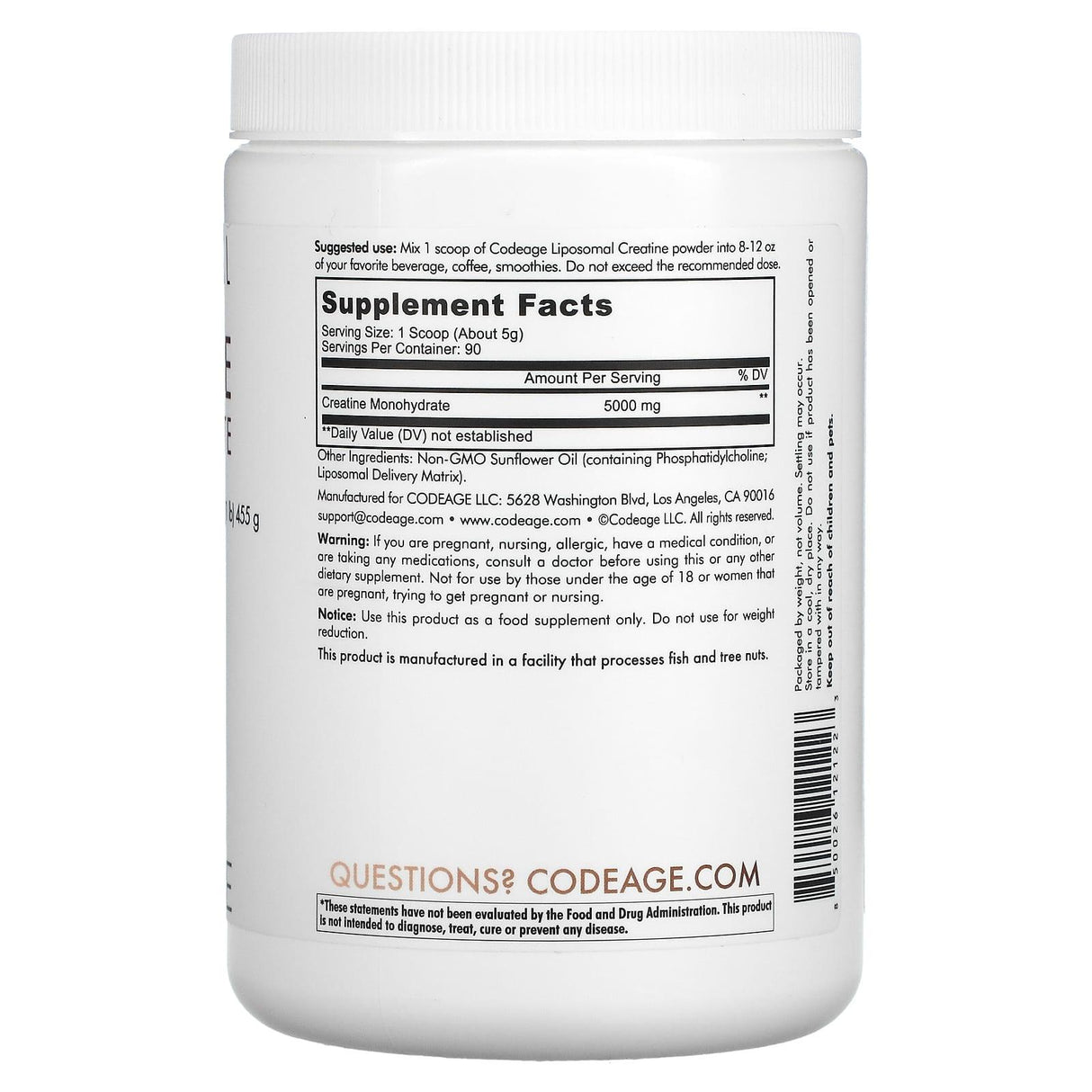 Codeage, Liposomal Creatine Monohydrate Powder, Unflavored, 1 lb (455 g) - Supply Center USA