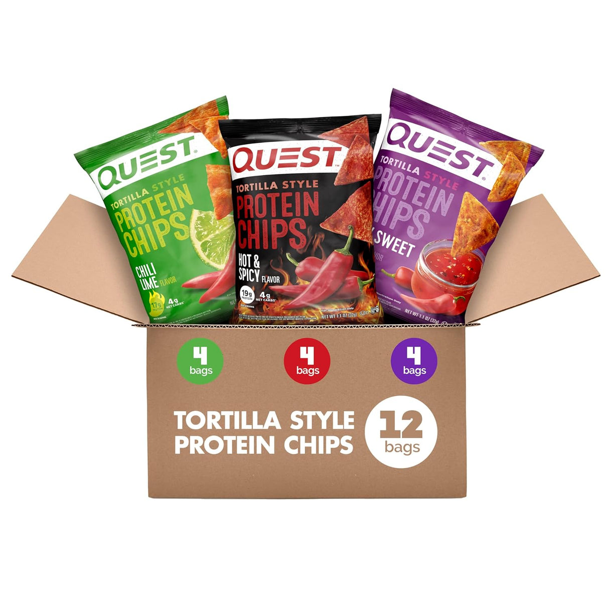 Quest Nutrition Tortilla Style Protein Chips Variety Pack, Chili Lime, Nacho Cheese, Loaded Taco, Low Carb, High Protein, Gluten Free, 1.1 Oz (Pack of 12)