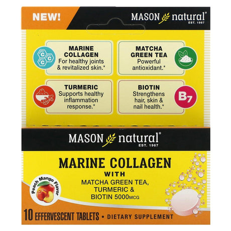 Mason Natural, Marine Collagen with Matcha Green Tea, Turmeric & Biotin, Peach Mango, 5,000 mcg, 10 Effervescent Tablets - Supply Center USA