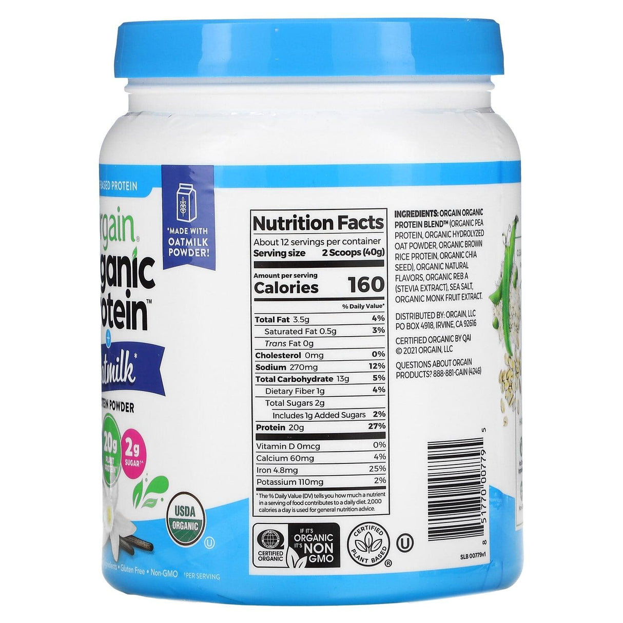 Orgain, Organic Protein Powder + Oatmilk, Plant Based, Vanilla Bean, 1.05 lb (479 g) - Supply Center USA