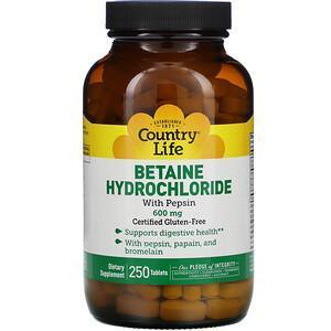 Country Life, Betaine Hydrochloride with Pepsin, 600 mg, 250 Tablets - Supply Center USA