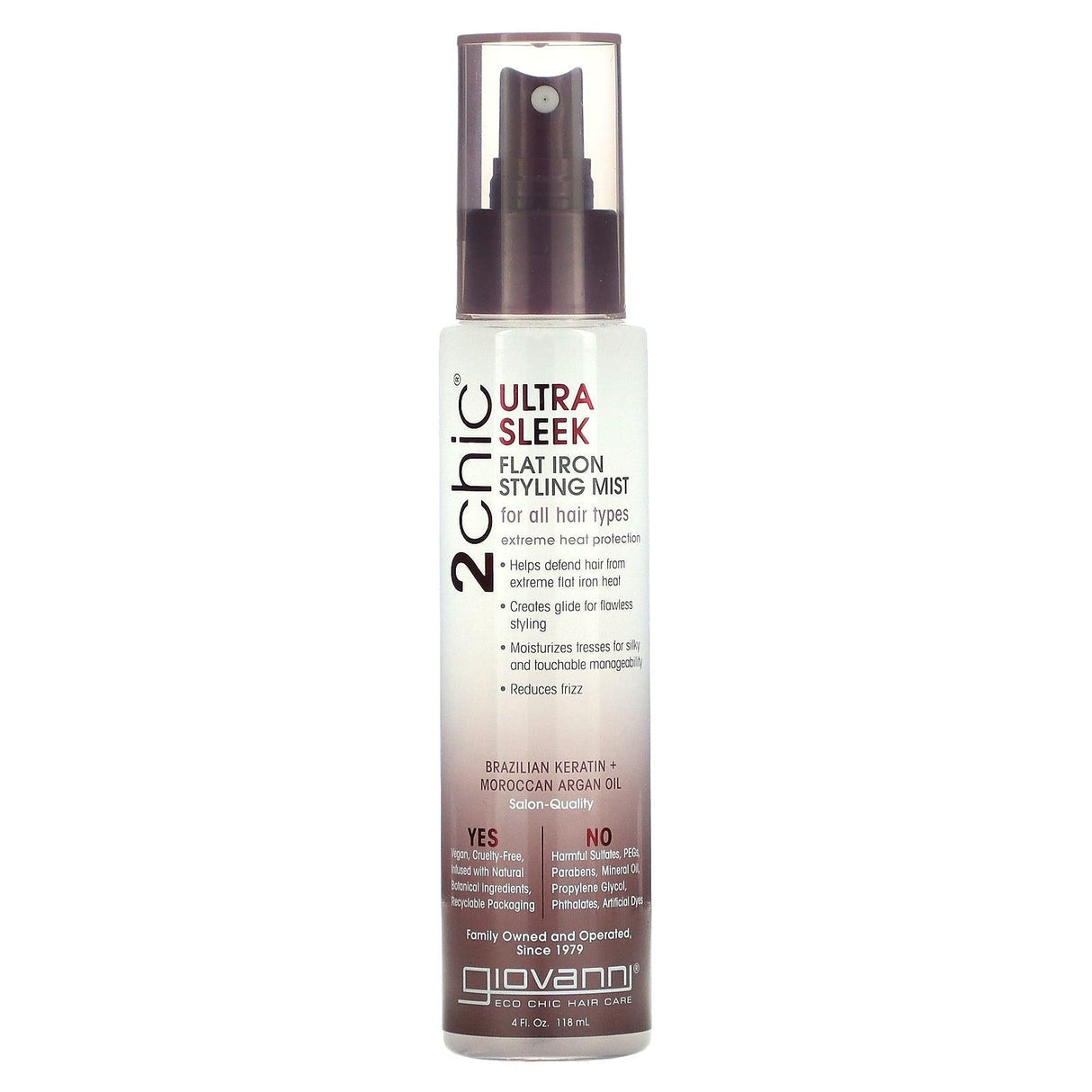 Giovanni, 2chic, Ultra Sleek Flat Iron Styling Mist, Brazilian Keratin + Moroccan Argan Oil, 4 fl oz (118 ml) - Supply Center USA