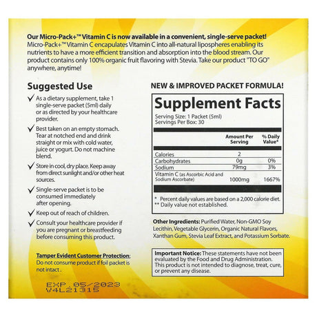 Aurora Nutrascience, Micro-Pack+ Vitamin C, 1,000 mg , 30 Packets, 0.17 fl oz (5 ml) Each - Supply Center USA