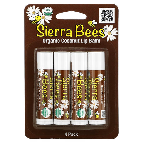 Sierra Bees, Organic Lip Balms, Coconut, 4 Pack, 0.15 oz (4.25 g) Each - Supply Center USA