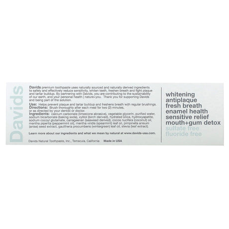 Davids Natural Toothpaste, Premium Toothpaste, Sensitive + Whitening, Natural Peppermint, 1.75 oz (50 g) - Supply Center USA