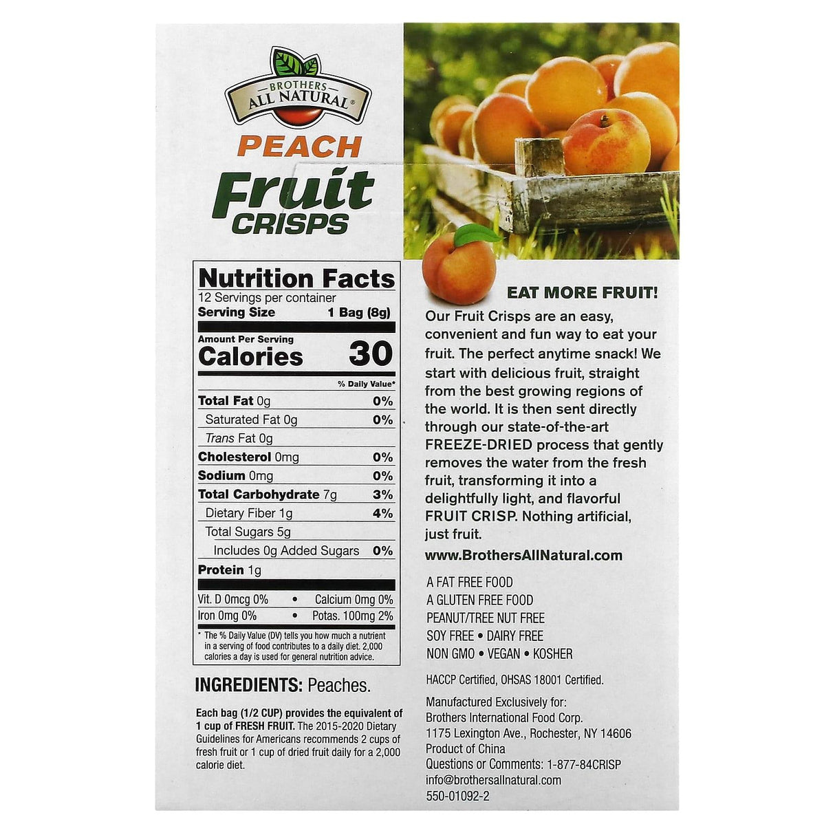 Brothers-All-Natural, Fruit Crisps, Peach, 12 Single Serve Bags, 0.28 oz (8 g) Each - Supply Center USA