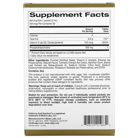 California Gold Nutrition, Liposomal Vitamin D3, 125 mcg (5,000 IU), 30 Packets (5.0 ml) - Supply Center USA