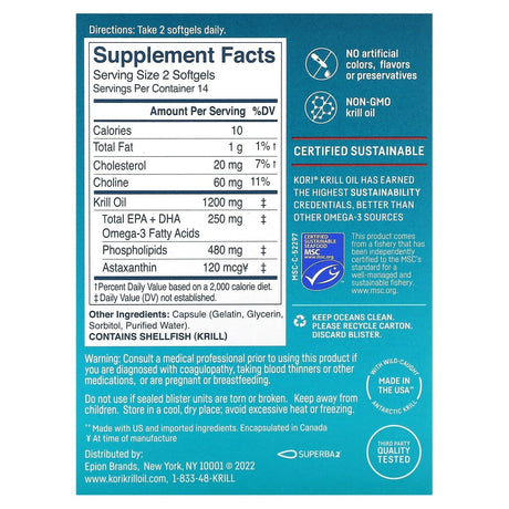 Kori, Pure Antarctic Krill Oil, Multi-Benefit Omega-3, 600 mg, 28 Softgels - Supply Center USA