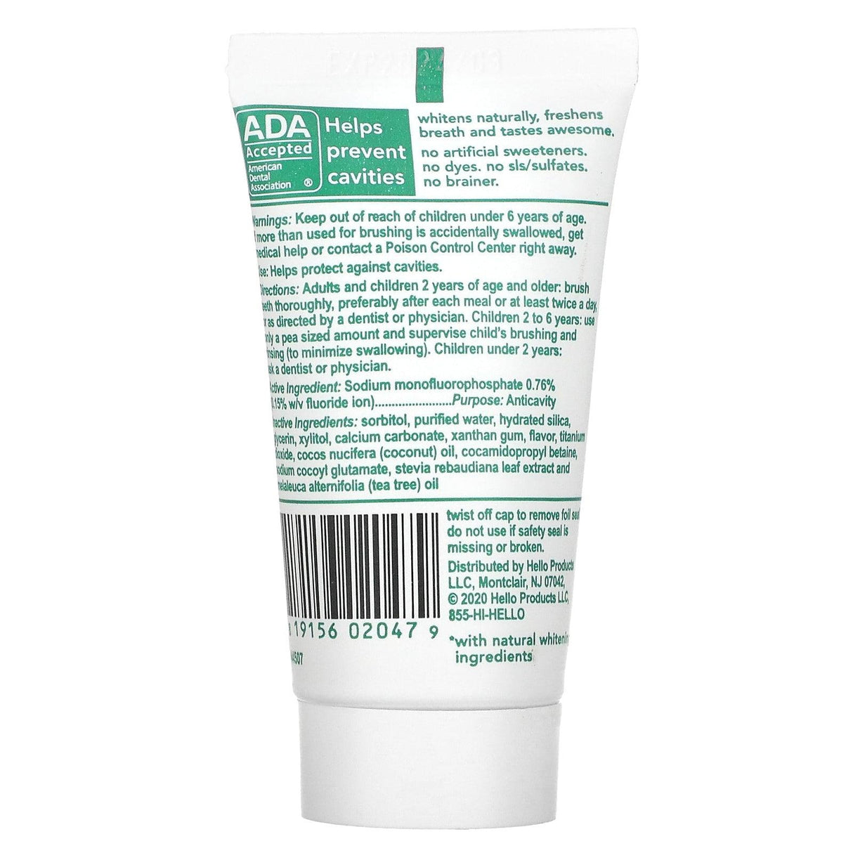 Hello, Naturally Whitening Fluoride Toothpaste, Farm Grown Mint, 1 oz (28.3 g) - Supply Center USA