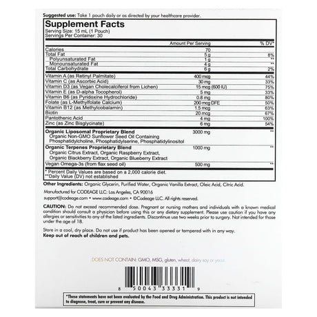 Codeage, Nanofood, Teen Daily Formula, Liposomal Delivery, Essential Vitamins + Omega-3, Berry, 30 Pouches, 0.5 fl oz (15 ml) Each - Supply Center USA
