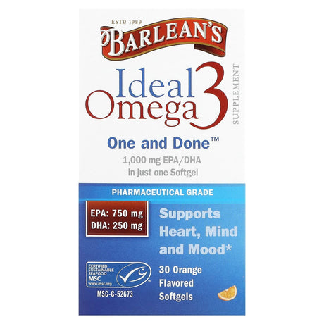 Barlean's, Ideal Omega 3, Orange, 30 Softgels - Supply Center USA