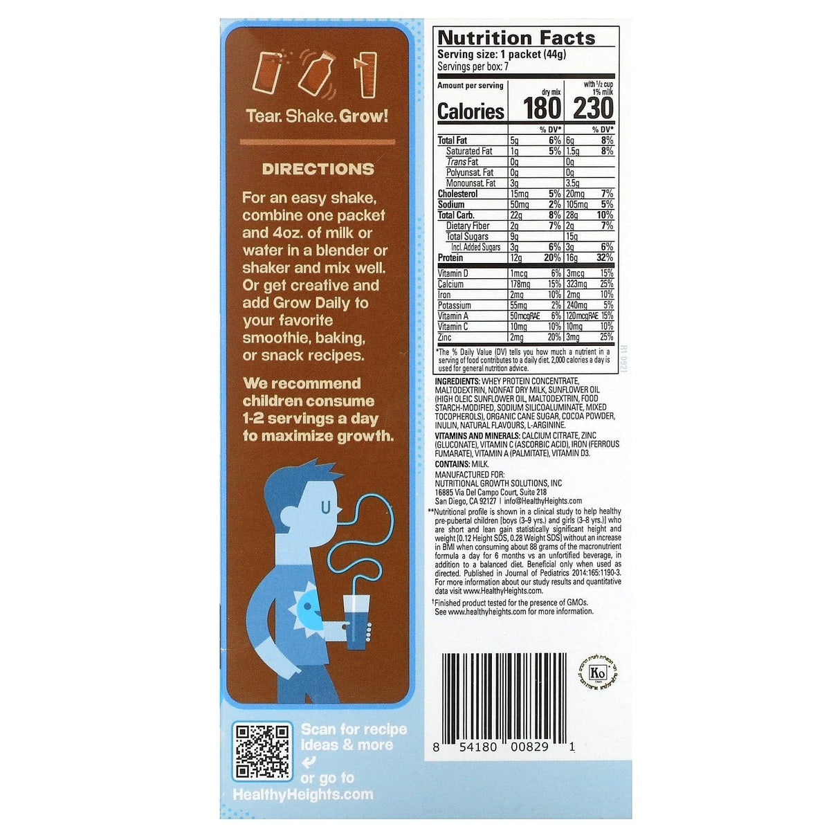 Healthy Heights, Grow Daily, Protein & Nutrition Mix, For Kids 3+, Chocolate, 7 Packets, 1.55 oz (44 g) Each - Supply Center USA