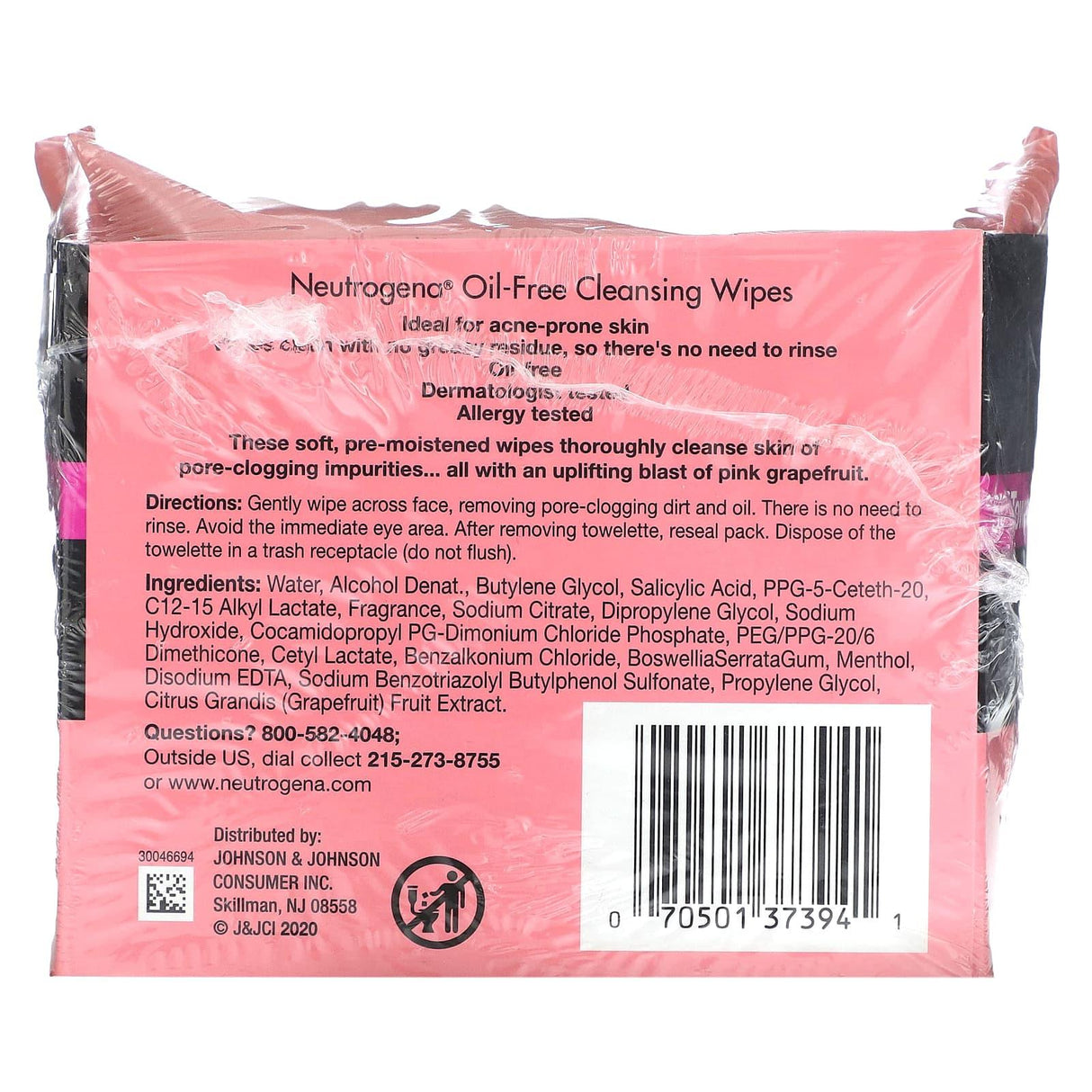 Neutrogena, Oil-Free Cleansing Wipes, Pink Grapefruit, 2 Packs, 25 Pre-Moistened Towelettes Each - Supply Center USA