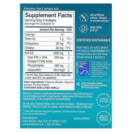 Kori, Pure Antarctic Krill Oil, Multi-Benefit Omega-3, 400 mg, 42 Softgels - Supply Center USA