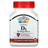 21st Century, Vitamin D3, Chewable, Orange, 100 mcg (400 IU), 110 Tablets - Supply Center USA