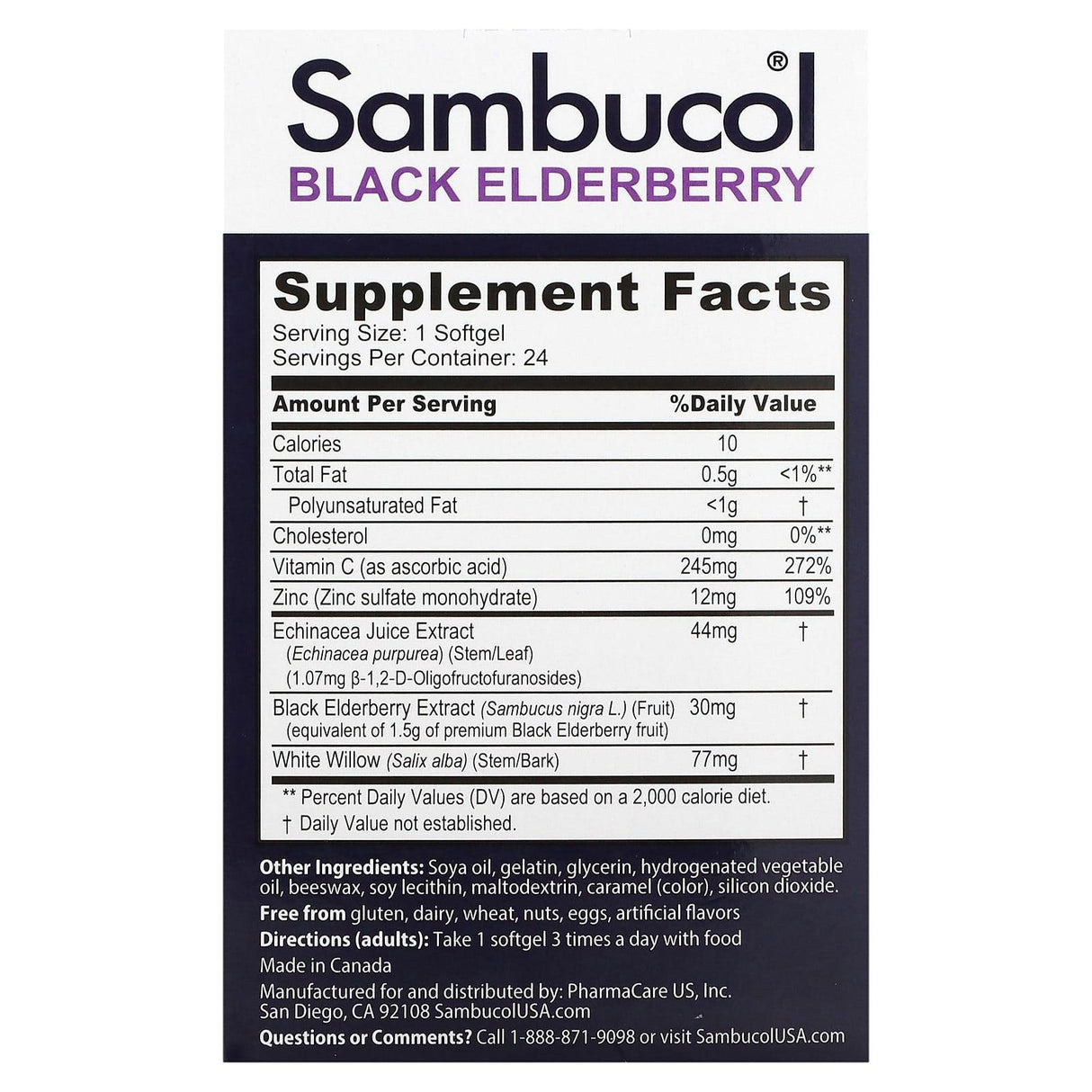 Sambucol, 5-In-1 Intense Defense + Echinacea, Zinc, Vitamin C & White Willow, Black Elderberry, 24 Softgels - Supply Center USA