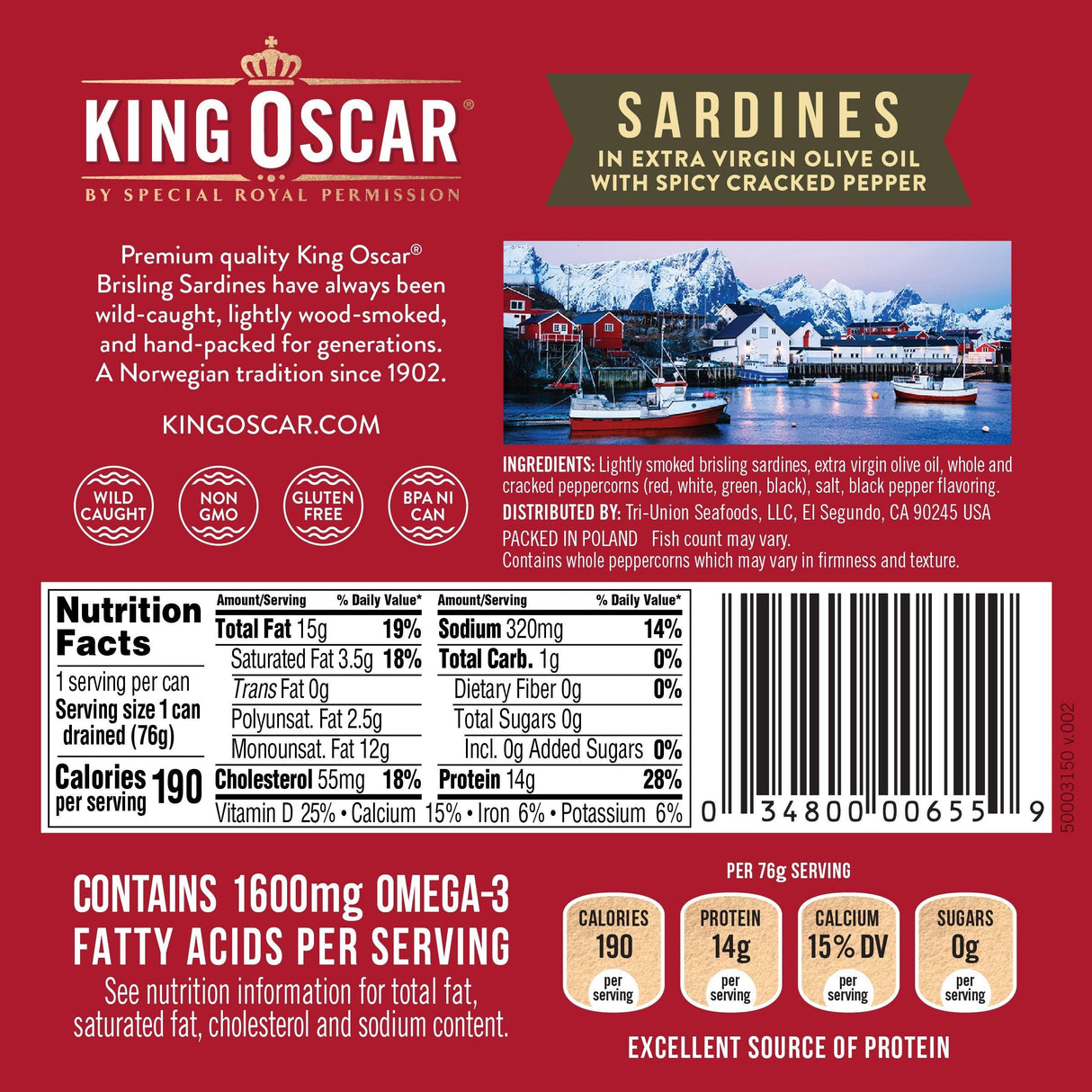 King Oscar, Wild Caught, Sardines In Extra Virgin Olive Oil, With Spicy Cracked Pepper, One Layer, 3.75 oz (106 g) - Supply Center USA