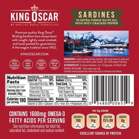 King Oscar, Wild Caught, Sardines In Extra Virgin Olive Oil, With Spicy Cracked Pepper, One Layer, 3.75 oz (106 g) - Supply Center USA