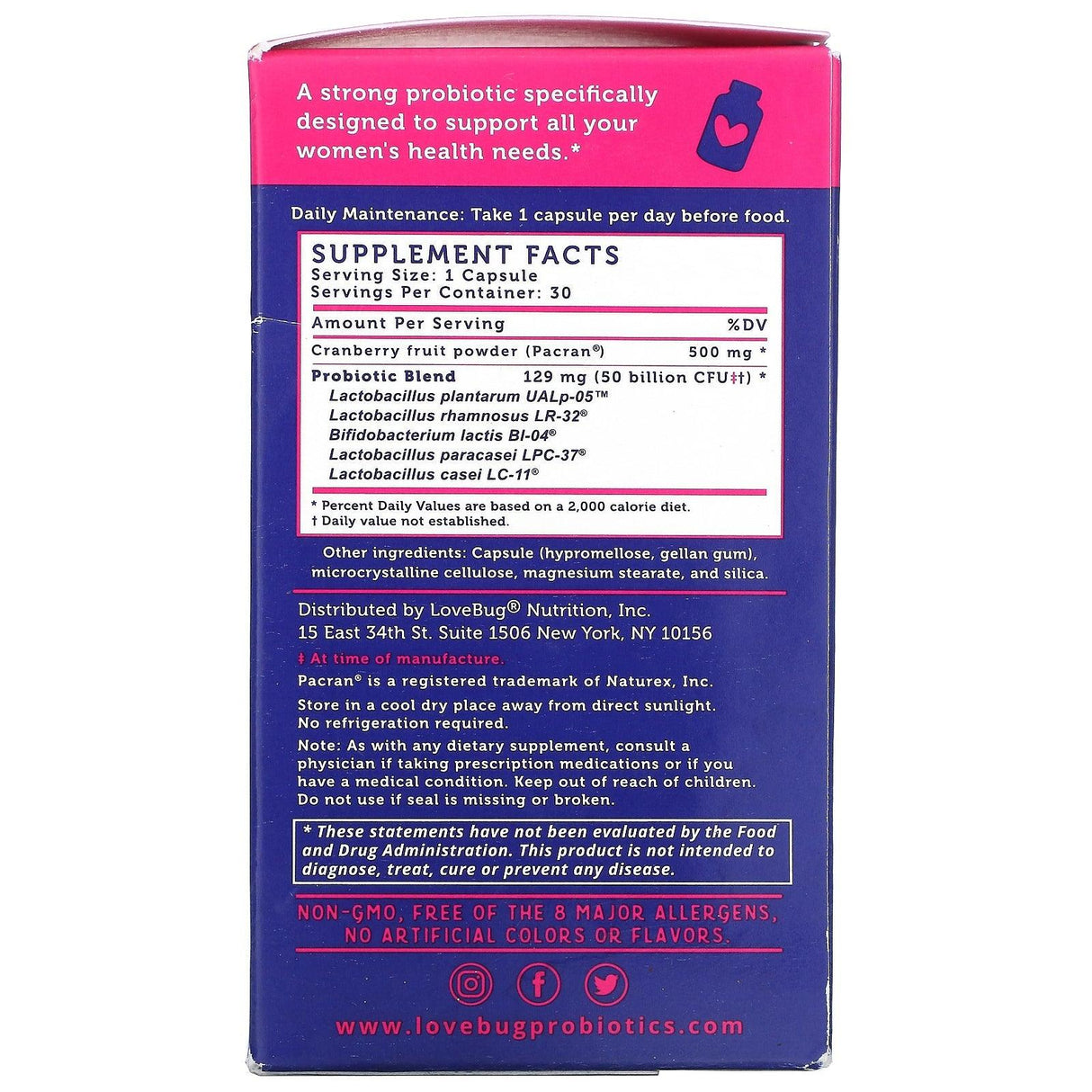 LoveBug Probiotics, Yeast + Vaginal PH Support Probiotic, Advanced Strength, 50 Billion CFU, 30 Count - Supply Center USA