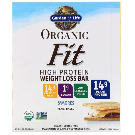 Garden of Life, Organic Fit, High Protein Weight Loss Bar, S'mores, 12 Bars, 1.9 oz (55 g) Each - Supply Center USA